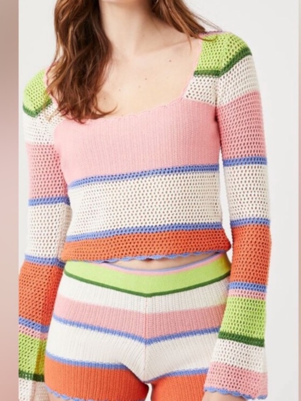 Hippie Rose Pink Multi Crochet Knit Long-Sleeve Sweater
